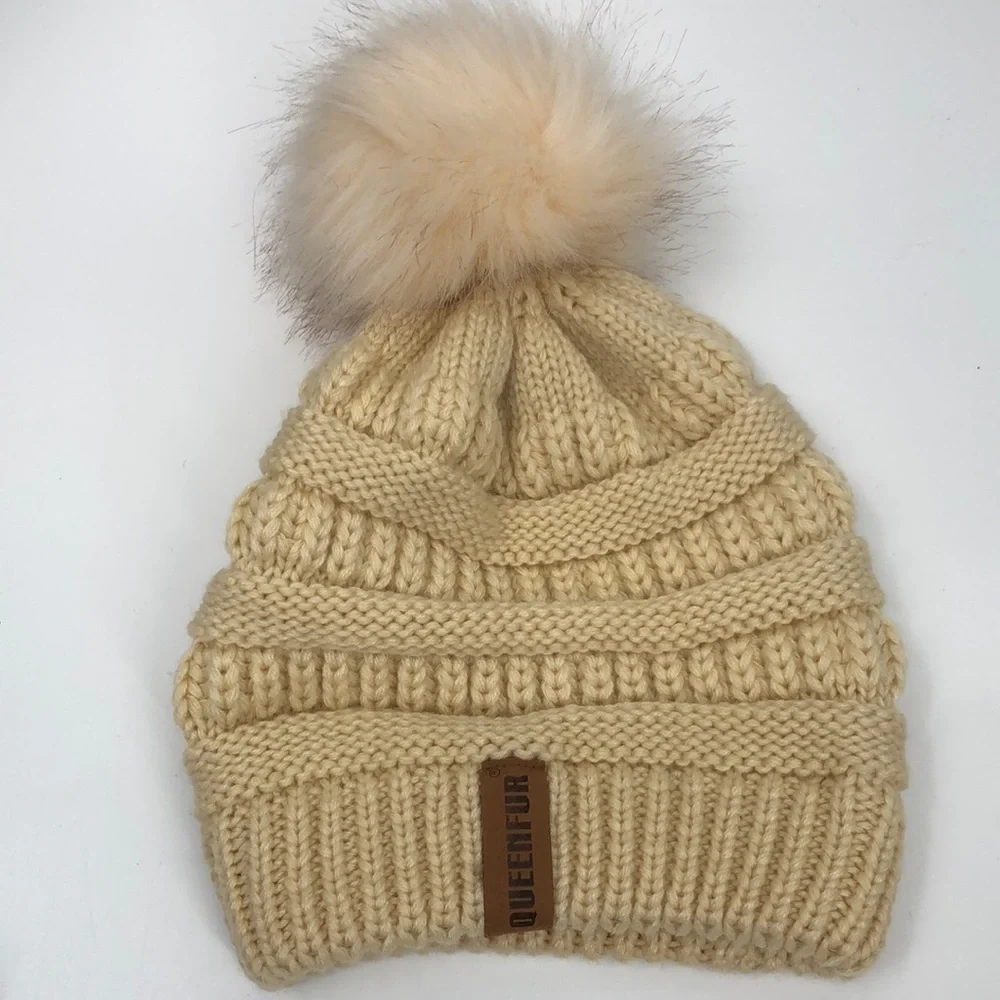 QueenFur Beanie Knit Stocking Cap Hat with Pompom
